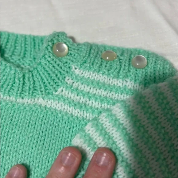 Vintage Green and White Striped Knit Baby Outfit - Picture 5 of 12